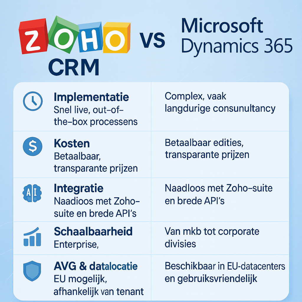 De exacte inhoud van deze afbeelding is een vergelijkingstabel tussen Zoho CRM en Microsoft Dynamics 365: Aspect Microsoft Dynamics 365 Zoho CRM Implementatie Complex, vaak langdurige consultancy Snel live met wizards en standaardflows Kosten Hoge licenties, add-ons vaak nodig Betaalbare edities, transparante prijzen Integratie Naadloos met Office 365 & Teams Naadloos met Zoho-suite en brede API’s AI Copilot AI met focus op productiviteit Zia AI voor sales, service en klantinzichten Schaalbaarheid Enterprise, duizenden gebruikers Van mkb tot corporate divisies Rapportage Power BI integratie Zoho Analytics geïntegreerd en gebruiksvriendelijk AVG & datalocatie EU mogelijk, afhankelijk van tenant Beschikbaar in EU-datacenters
