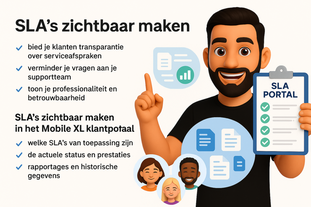 Infographic in Mobile XL-stijl over SLA’s met uitleg, voordelen voor organisaties en functies van het klantportaal zoals transparantie, automatische bewaking en KPI-dashboards.